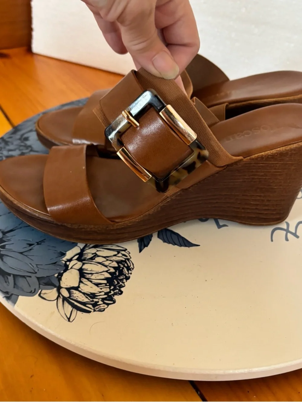 Toscanella Brown Leather Wedge Sandals Size 6.5 Made in Italy
